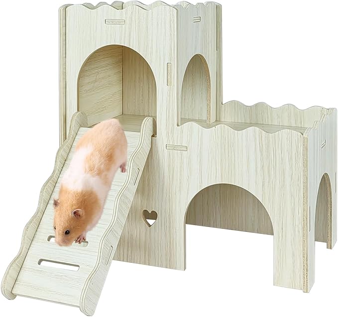 Wood Hamster Hideout House Habitat Wooden Maze Hide Hut with Platform Cage Accessories Toys for Syrian Dwarf Gerbils Mouse Mice Rat Other Small Animals etc. (02 Wave House)