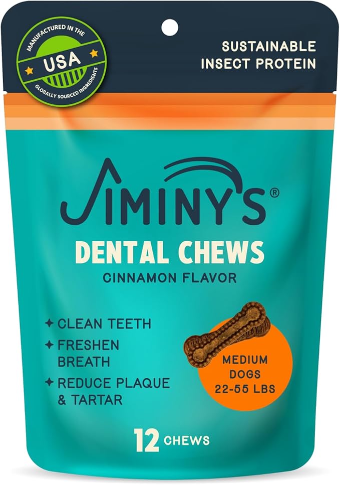 Jiminy's Dental Chews for Dogs, Cinnamon Flavor, Scientifically Proven to Improve Oral Health, Dental Bones Clean Teeth, Fight Bad Breath, and Removes Plaque and Tartar, Small, 20ct (Pack of 1)