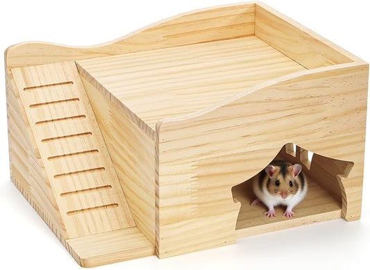Wood Hamster House, Guinea Pigs Hideout Castle with Stairs and Window, Small Animals Bed Hut Habitats, Ideal for Chinchillas Dwarf Mice Gerbils Playing Hiding, No Installation Required
