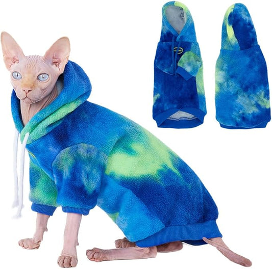 Sphynx Cat Hoodie Sweater, Thick Warm Stratch Soft Cat Hoodie Jacket,Two Legged Warm Fleece Hoodie for cat,Autumn Winter Clothes for Kitten Small Dogs (Blue&Green Tie Dye, L (5-7lbs))