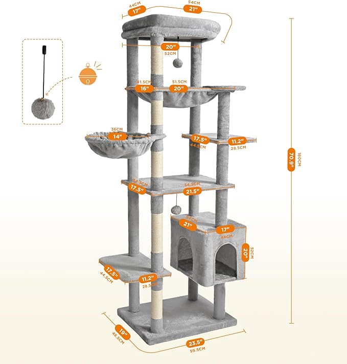 Made4Pets Tall Cat Tree, 71 Inches Cat Tree Tower for Indoor Cats Large Adult, Plush Multi-Level Cat Tower with 5 Scratching Posts, 2 Hammock, Condo and Perch, Big Cat House Indoor, Grey