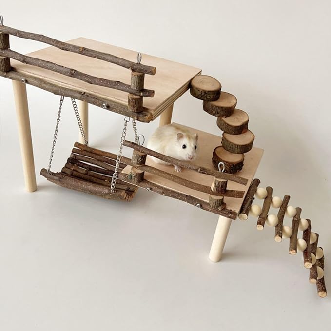 Hamster Climbing Toys DIY Natural Wooden Playing Platform with Swing Apple Wood Hamster Playground with 2 Platform, 5 Steps Ladder and 6 Steps Bridge Small Animal Chewing Toys for Gift