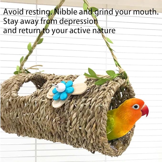 Seagrass Bird House Sea Grass Tent Parrot Tunnel with Holes and Lovely Flower Decor Natural Hanging Hammock Swing Nest Bird Snuggle Hut Toy for Hamster Lovebird Budgie Random Color