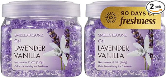 SMELLS BEGONE 12 oz Odor Eliminator Gel - Air Freshener- Absorbs & Eliminates Odor in Bathrooms, Basements, Cars, Boats, RVs & Pet Areas - Made with Essential Oils - Lavender Vanilla Scent (2-Pack)