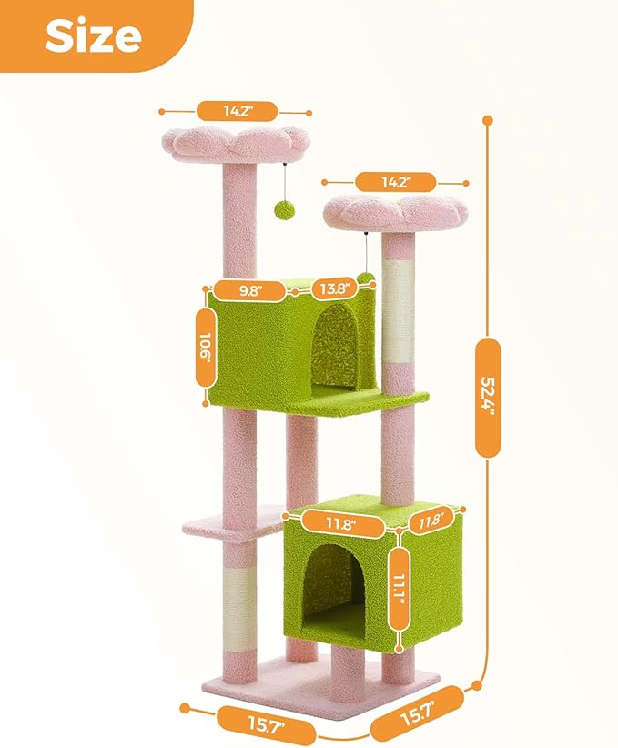 Flower Cat Tree, 52.4" Cute Cat Tower for Indoor Cats with 2 Flower Padded Perches, 2 Condos & 2 Scratching Posts, Pink