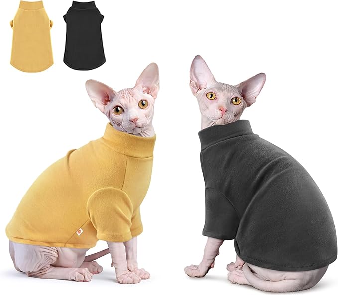 Idepet Sphynx Cats Sweater 2 Pack,Turtleneck Hairless Cat Shirt Soft and Warm Kitten Clothes with Sleeves Pullover Pet Winter Pajamas Jumpsuit for Cat Puppy (Black&Yellow, Small)