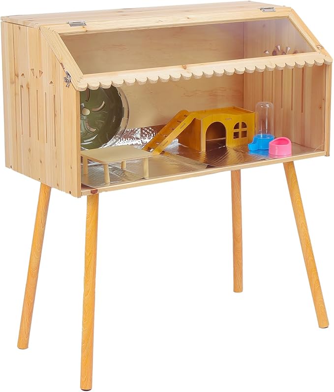 Brooder Box for Chicks Hamster Rat Cage Glass Bottom, Wooden Habitat Chew Proof Guinea Cages and Rat Habitat with Acrylic Sheets and Openable Top 31.5 X 15.7 X 15.7in