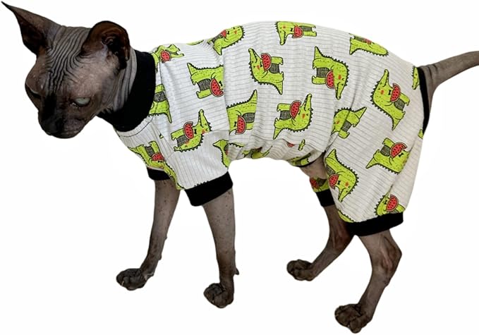 Sphynx Cat Four Leg Cotton Pajamas Elastic Pet Clothes for Hairless Cats Surgery Recovery Suit Undershirt Clothes for Sphynx, Devon, Cornish (Crocodile, S)