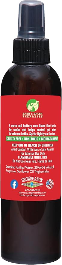 Showseason Animal Products Bath & Brush Therapies® Hot Buttered Rum Pet Cologne For Dogs 4.5 oz | Long-Lasting Odor Eliminator | Paraben-Free | Biodegradable & Non-Toxic | Made in USA
