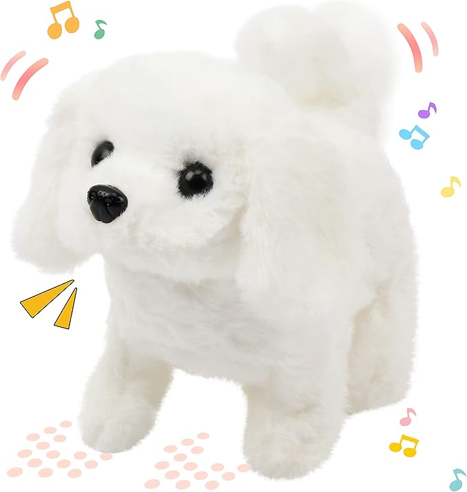 Hopearl Walking Dog Bichon Interactive Electronic Pet Plush Toy Puppy Woof and Moving Animated Nodding Head Gifts for Toddlers Birthday, White, 7''