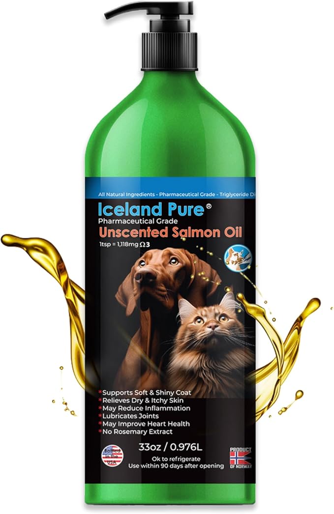 Salmon Oil | Unscented Pharmaceutical Grade | 1118mg of Omega-3 per teaspoon | Liquid Food Supplement For Dogs and Cats | BPA-Free Brushed Aluminum Epoxy coated Bottle with Pump 33oz