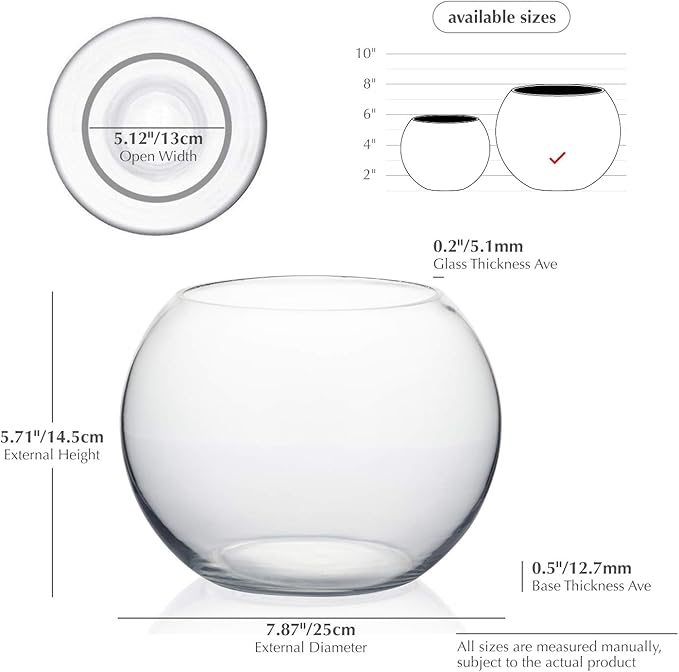 WGVI Bowl Glass Vase, Diameter 8", Height 6", Open Width 5", (Multiple Sizes Choices) Clear Bubble Planter Terrarium Fish Bowl for Wedding Event Home Decor, 1 Piece (VBW0008A)