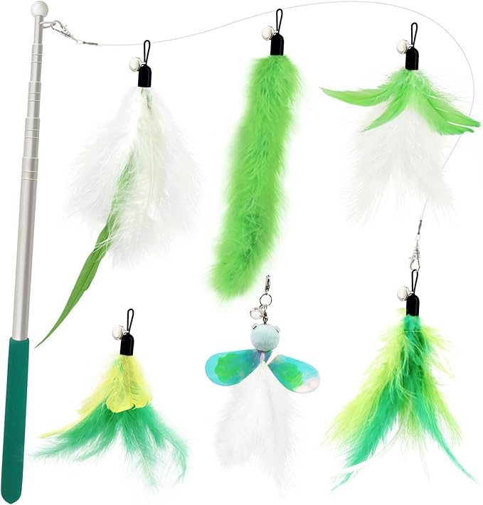 SONGWAY Cat Feather Wand - 7 Pcs Interactive Toys for Indoor Kitten, Retractable Wand With 6 Teaser Refills and Bell, Fishing Pole Toy, Green