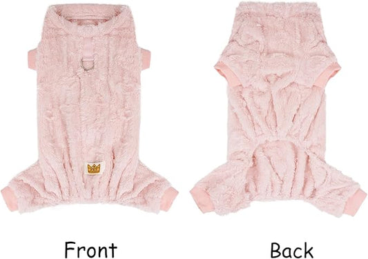 Plush Dog Pajamas for for Small Dogs Cats, Dog Sweater with Leash Ring Ultra Soft Warm Pet Clothes Puppy Onesie Outfits Doggy Pjs Jumpsuit for Winter Christmas (Pink, Small)