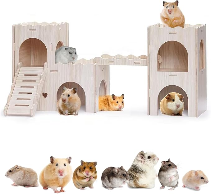Large Wooden Hamster House Castle with Double Decker,Large Hamster, Wooden Houses,Dwarf Habitat Hideout with Climbing Ladder, Guinea Pig Castle Detachable Hideouts(B)
