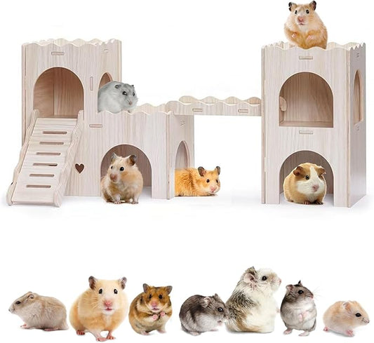 Large Wooden Hamster House Castle with Double Decker,Large Hamster, Wooden Houses,Dwarf Habitat Hideout with Climbing Ladder, Guinea Pig Castle Detachable Hideouts(B)