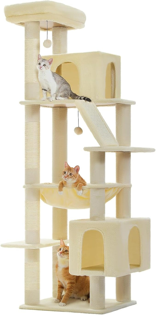 71" Tall Cat Tree for Large Cat 20 lbs with Super Large Hammock, Heavy Duty Cat Tower with 4 Sisal Scratching Posts & 2 Spacious Condos for Big Adult Cats Maine Coon-Beige