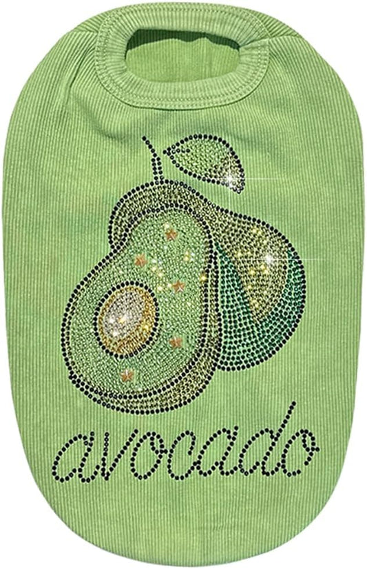 Washed Cotton Pet Vest with Rhinestone Fruit Designs, Soft & Stylish Small Dog Cat Vest for Spring Summer, Breathable & Shiny (Green-Avocado, X-Large)