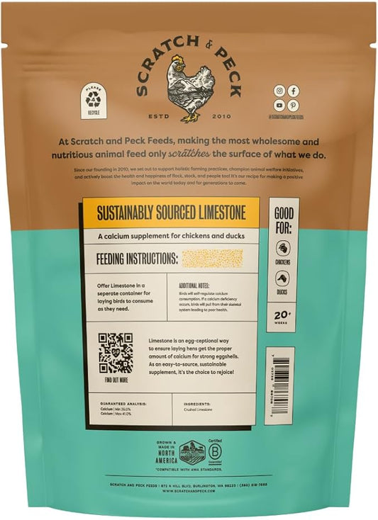 Scratch and Peck Limestone Supplement for Chickens and Ducks - High in Calcium, Made from Pure and Sustainably Sourced Limestone - 8 lbs Bag