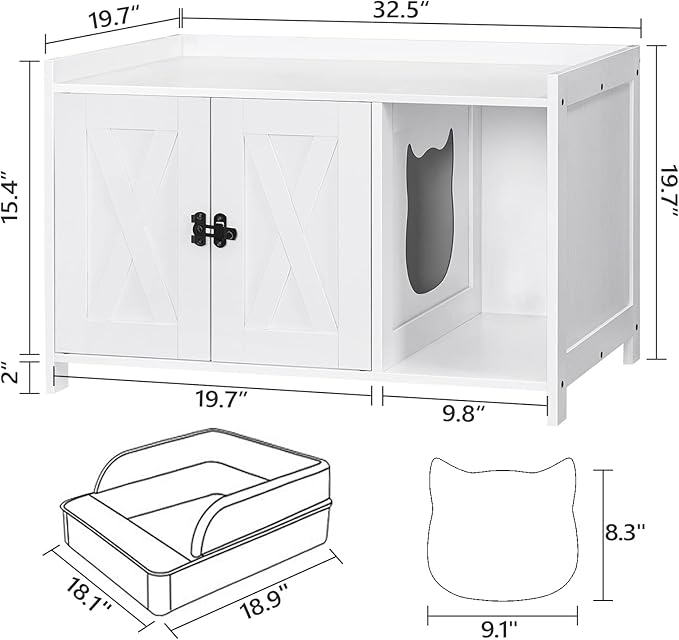 Cat Litter Box Enclosure, Hidden Litter Box Furniture with Divider, Indoor Cat House, Wooden Cat Washroom Storage Cabinet Bench, for Living Room, Bedroom, White CWWT2501