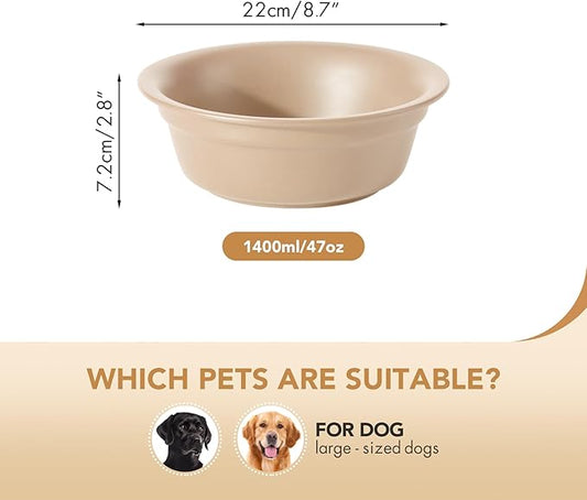 Ceramic 8.7inch Dog Bowl for Large Dogs, Basic Food and Water Bowl for Replacement, Wide Opening Rounded Edge(Single Bowls, Oat Beige)