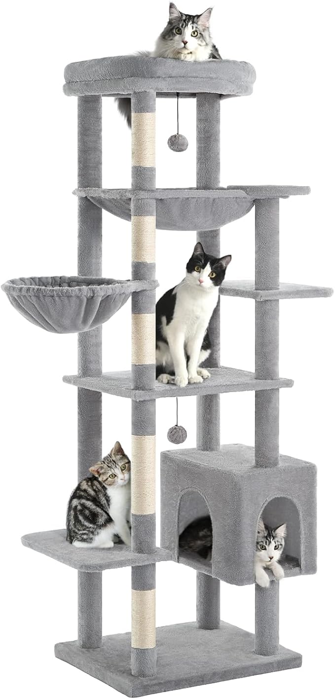 Made4Pets Tall Cat Tree, 71 Inches Cat Tree Tower for Indoor Cats Large Adult, Plush Multi-Level Cat Tower with 5 Scratching Posts, 2 Hammock, Condo and Perch, Big Cat House Indoor, Grey