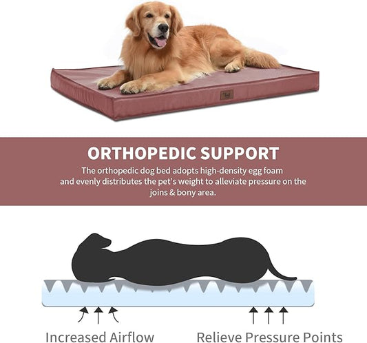 Orthopedic Dog Bed for Large Dogs, Big Waterproof Washable Dog Bed for Large Sized Dogs with Egg Crate Foam Pet Bed Mat, Removable Oxford Cooling Cover, Pink