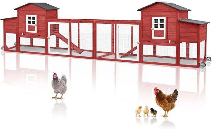 158" L Large Chicken Coop with Run, Chicken House with Nesting Boxes, Wheels, Outdoor Mobile Hen Chicken Coop Poultry Cage with Removable Tray, Ramp (Red)