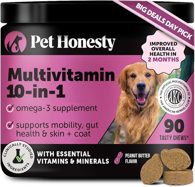 Multivitamin Dog Supplement, Glucosamine chondroitin for Dogs, Probiotics, Omega Fish Oil, Dog Supplements & Vitamins, Vitamins for Skin and Coat Allergies, (Peanut Butter 90 ct)