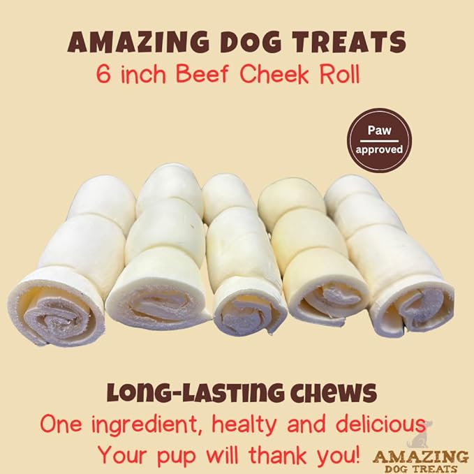 Amazing Dog Treats - Beef Cheek Rolls (6 Inch Regular - 4 Pcs) - No Hide - Safe Rawhide Alternative Dog Chew - Great for Power Chewers - Long Lasting Dog Chew - No Splinters - Retriever Rolls For Dogs