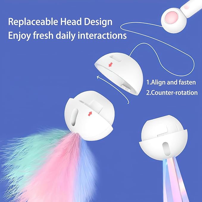 Interactive Cat Toys — Semi-Automatic Retractable Wand Toy and 2 Extra Feather Toy Refills, for Indoor Cats to Chase, Play, and Exercise