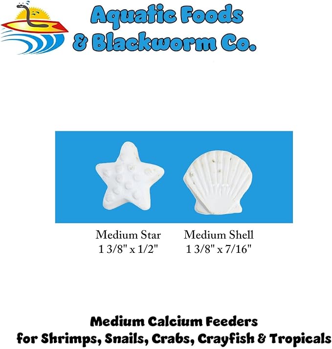 Aquatic Foods Inc. Medium Size Calcium Feeder Stars & Shells for Shrimp, Snails, Crabs, Crayfish, Hermit Crabs and All Tropical Fish…20 Count Bag
