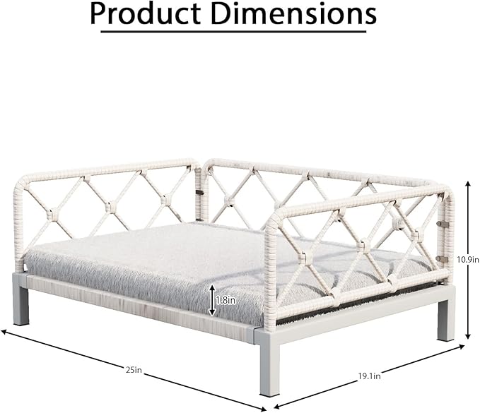 Elevated Indoor & Outdoor Dog Bed for Small Dogs, Durable Rattan Wicker Pet Sofa with Removable Washable Waterproof Cushion, Stylish Dog Couch, White Rattan/Grey Mat
