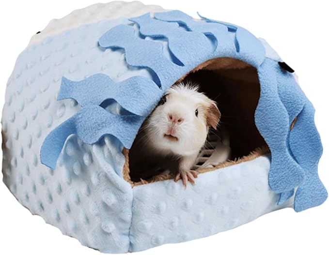 Warm Plush Guinea Pig Hut Habitat Hedgehog Hideout Rat House for Small Animal Rabbit,Washable Chinchilla Hamster Bed Cozy Nest Cage Accessories (Blue,Medium)