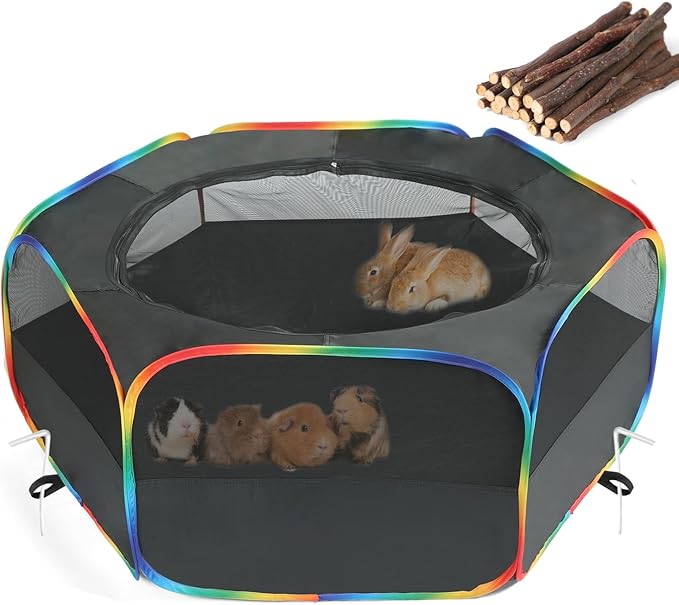 LUCKITTY Small Animal Playpen, Chick Brooder Box, Guinea Pig Hamster Indoor Playpens & Outdoor Pet Cage Tent with Cover Top, for Kitten/Ferret/Hedgehog/Rabbit/Duckling, Black & Rainbow