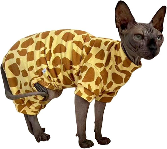 Sphynx Cat Four Leg Cotton Pajamas Elastic Pet Clothes for Hairless Cats Surgery Recovery Suit Undershirt Thermal Clothes for Sphynx, Devon, Cornish (Giraffe, S)