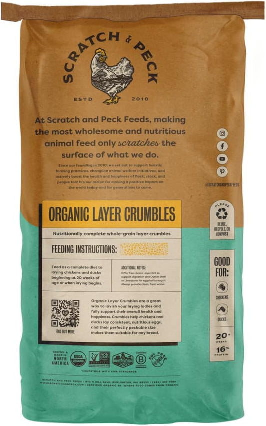 Scratch and Peck Feeds Whole Grain Layer Crumbles Chicken and Duck Feed - 25 lbs Bag - Corn-Free and Soy-Free - 16% Protein, Certified Organic and Non-GMO Project Verified Chicken Food
