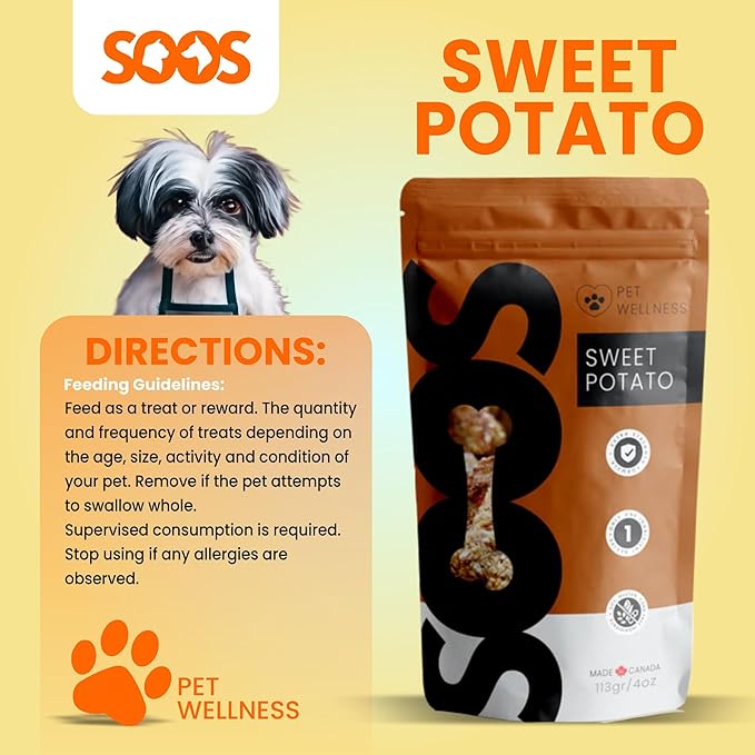 SOOS Natural Sweet Potato Treats for Dogs & Cats - High Moisture, Grain Free, Vitamin Minerals, Fiber, Healthy Training Treats - 113g