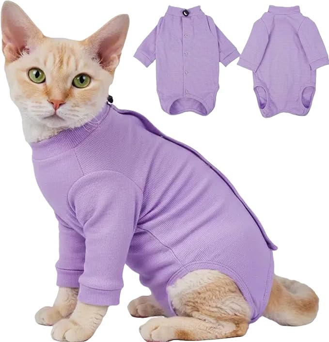 Cat Onesie for Cats After Surgery Male Female, Breathable & Soft Fabric Cats Spay Recovery Suit, Cone Alternative Surgical Suit with Leg Sleeves to Stop Licking, Cat Wound Care Shirt Wear(Purple, M)