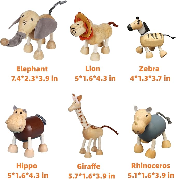 6 Pack Bendable Wooden Animal Figurines - Smooth Natural Wood Zoo & Jungle Safari Animals - Preschool Learning & Education Toys for Toddlers & Kids