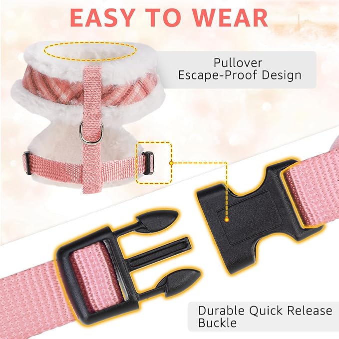 SCENEREAL Dog Harness Collar and Leash Set, Warm Fleece No Pull Puppy Vest Harnesses No Chock Adjustible Step in Small Pet Halter for Outdoor Walking Training, Pink Plaid XS