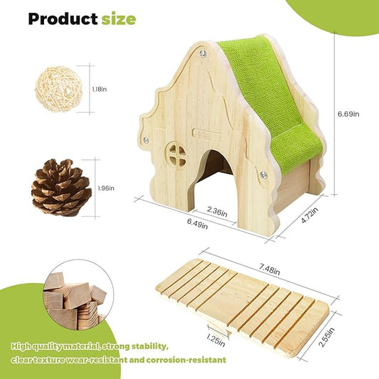 Wooden Hamster Platform and Dwarf Hamster House, Cute Syrian Tiny House Hideout, Small Animal Pet DIY Accessories for Rats, Gerbils & Small Pets (Detachable)