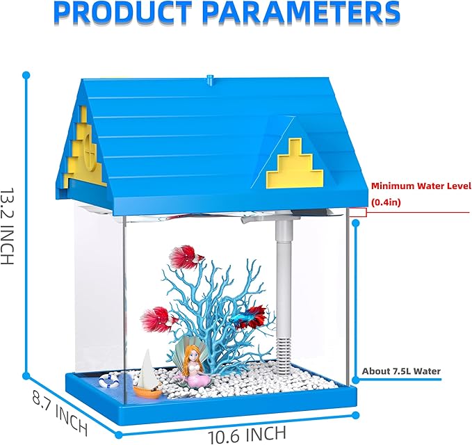 FREESEA Aquarium Betta Fish Tank: 2 Gallon Glass Betta Tank with Filter and Light for Shrimp Jellyfish Goldfish - Small Aquarium Starter Kit for Home Office Room Decorative Desktop Kids Gifts