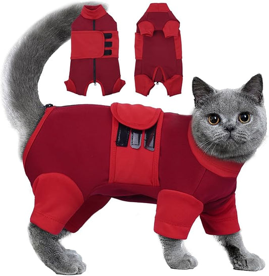 Cat Anxiety Relief Suit, Four-Legged Clothes Adjustable Calming Vest for Thunderstorms, Fireworks, Loud Noises, Separation, Roadtrip, Comfortable Wrap to Keep Cats Calm, Red Medium