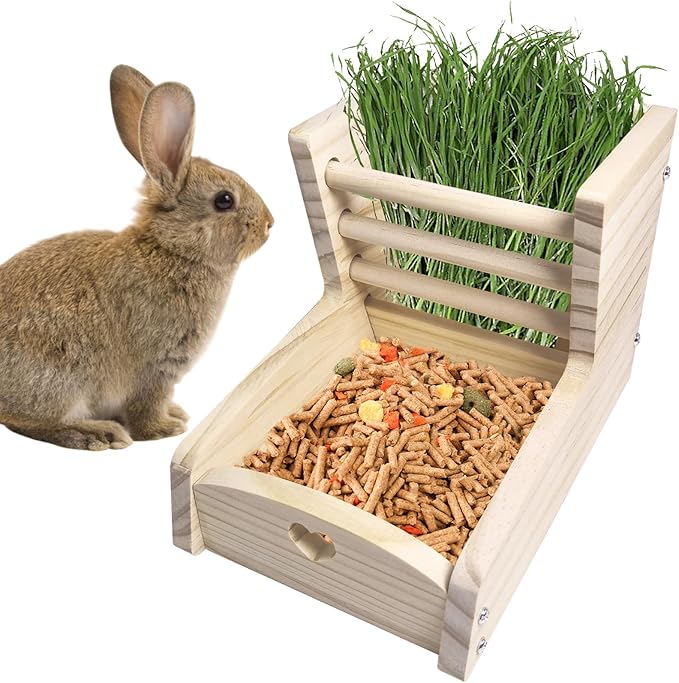 Hamiledyi Small Rabbit Hay Feeder with Wooden Food Feeding Manger Bunny Hay Dispenser Small Animals Grass Holder for Guinea Pig Hamsters Bunny Chinchilla