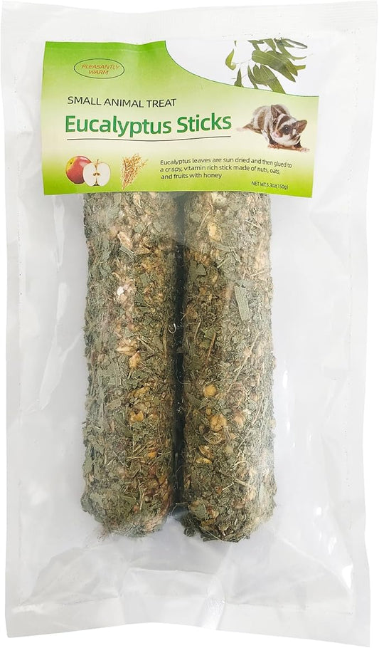 Sugar Glider Food, Natural Eucalyptus Chew Sticks for Chinchillas, Small Animal Treat with Leaves Fruits Oats Honey for Rabbits Guinea Pigs Parrots, 5.3oz (1 Pack, 2 Sticks)