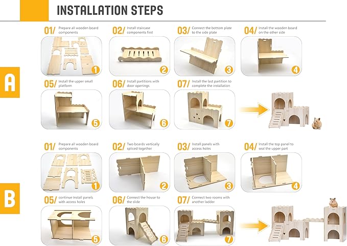 Large Wooden Hamster House Castle with Double Decker,Large Hamster, Wooden Houses,Dwarf Habitat Hideout with Climbing Ladder, Guinea Pig Castle Detachable Hideouts(B)