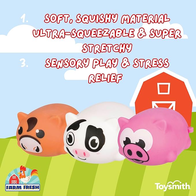 Farm Fresh Chubby Barnyard Animals – 3-Pack Squeeze Fidget Toys for Kids Ages 3+ – Soft Foam Stress Relief Figures – Includes Pig, Cow & Horse – Mini Animal Toys for Travel, Party Bags, Gift Ideas