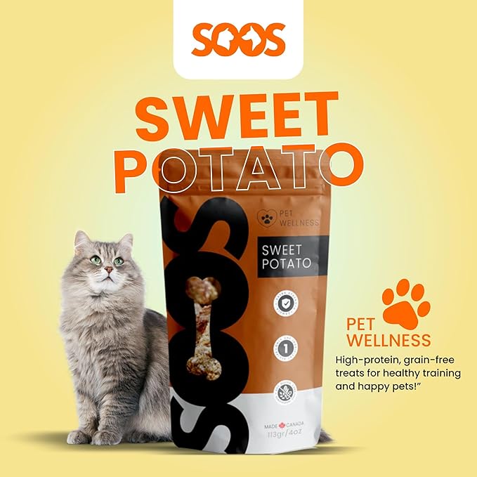 SOOS Natural Sweet Potato Treats for Dogs & Cats - High Moisture, Grain Free, Vitamin Minerals, Fiber, Healthy Training Treats - 113g