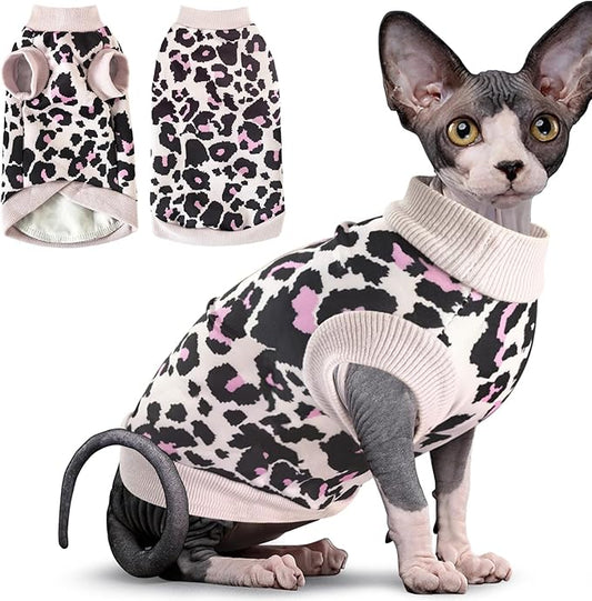 Idepet Cat Clothes Kitten Sweater Soft Kitten Shirt Cute Leopard Print Kitty Vest Pullover Pajamas Jumpsuit Cotton Apparel for Hairless Cats & Puppy (Pink,XS)